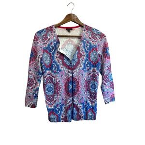 Talbots Cardigan Sweater Blue Pink‎ Paisley Print Cotton Blend Womens